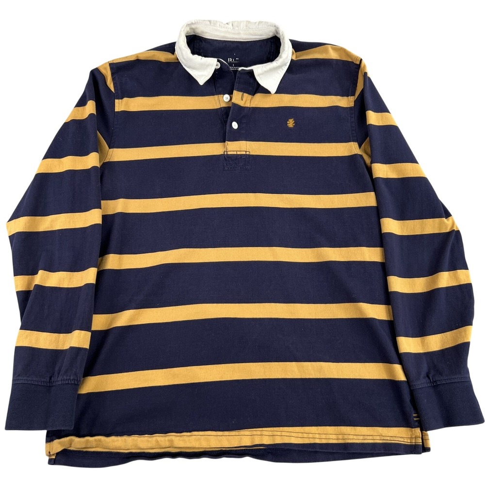 Izod Striped Rugby Shirt L Navy Gold Men Long Sleeve Preppy Cotton Polo Collar